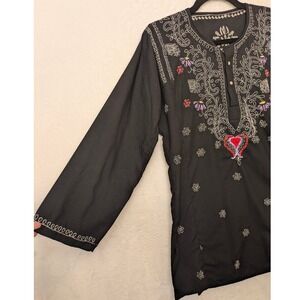 Embroidered‎ Tunic Top Black Long Sleeve Boho Floral Ethnic Style Apprx Medium